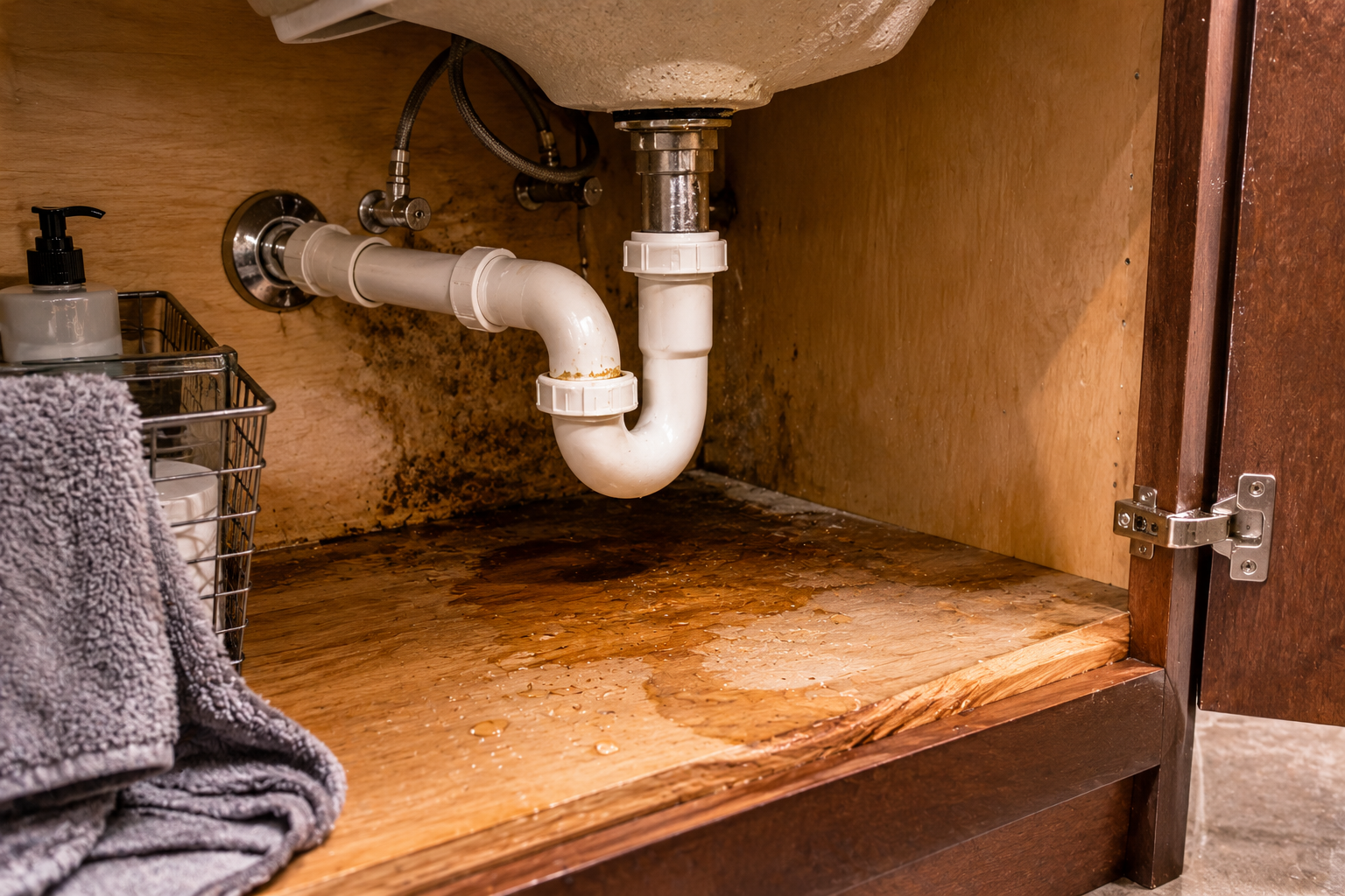 Damp cabinet under a bathroom sink with water-stained wood, moisture around the plumbing, and visible signs of a slow leak.