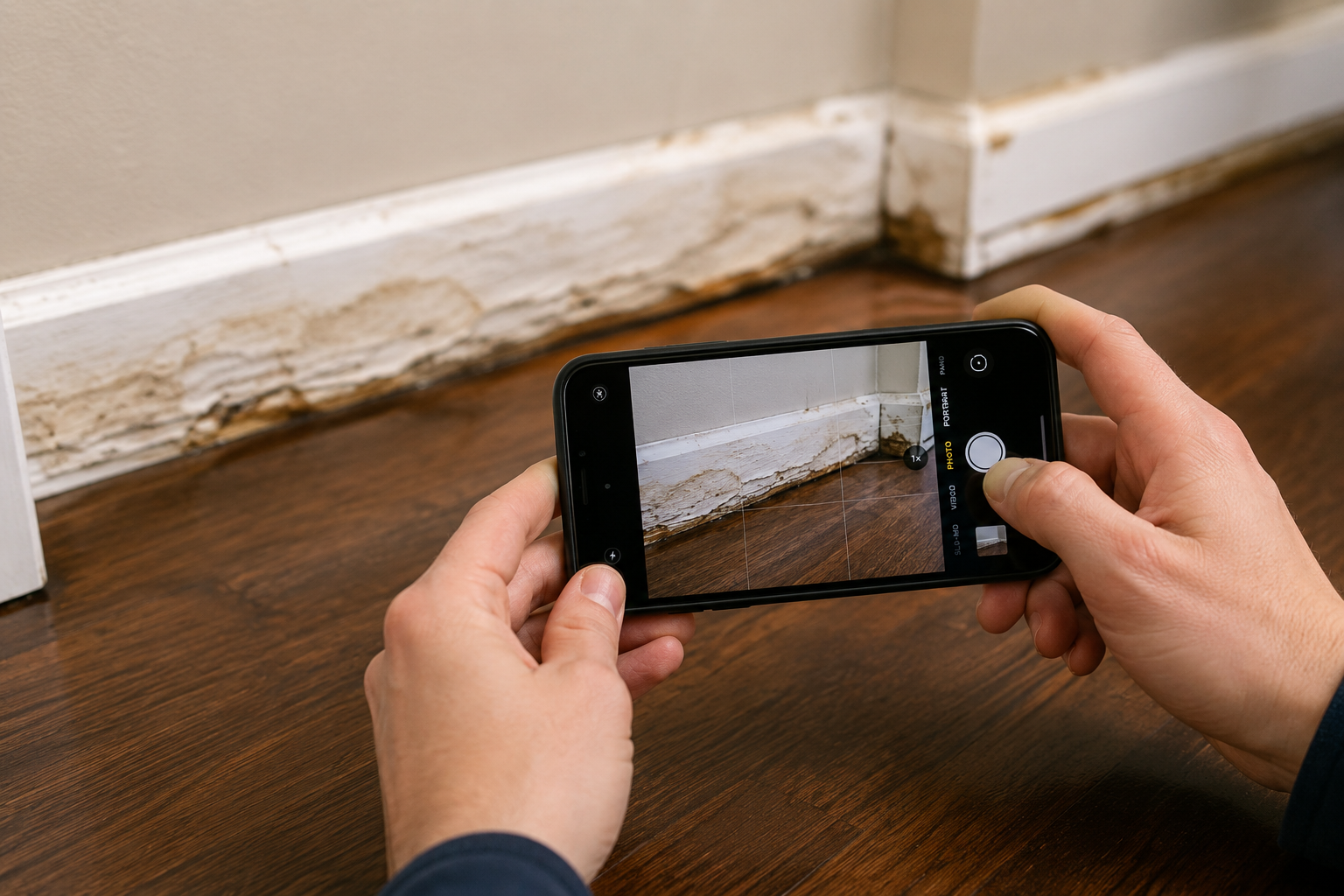 Water-damaged baseboards being photographed with a smartphone to document the extent of damage for an insurance claim and restoration assessment.