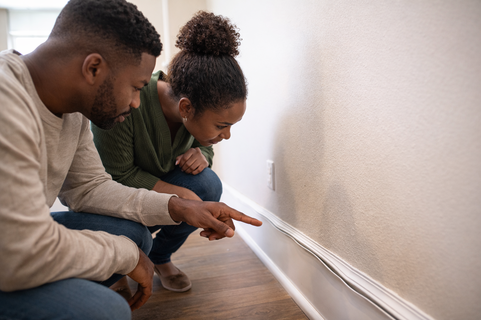 A couple in an Alpharetta, Georgia home examining a warped baseboard along an interior wall, a subtle sign of possible hidden water damage