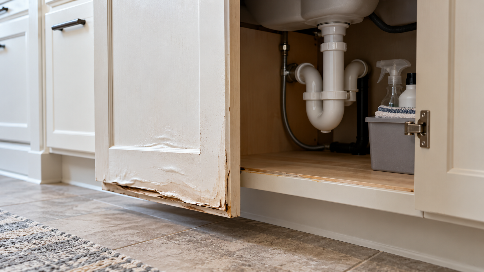 Open cabinet beneath a sink showing exposed plumbing and a swollen, peeling cabinet door with visible water damage along the bottom edge.