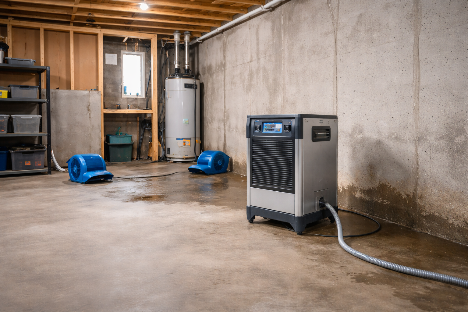 Unfinished basement in a Marietta, Georgia home with a professional-grade dehumidifier and air movers operating on a damp concrete floor, showing controlled drying after water intrusion.