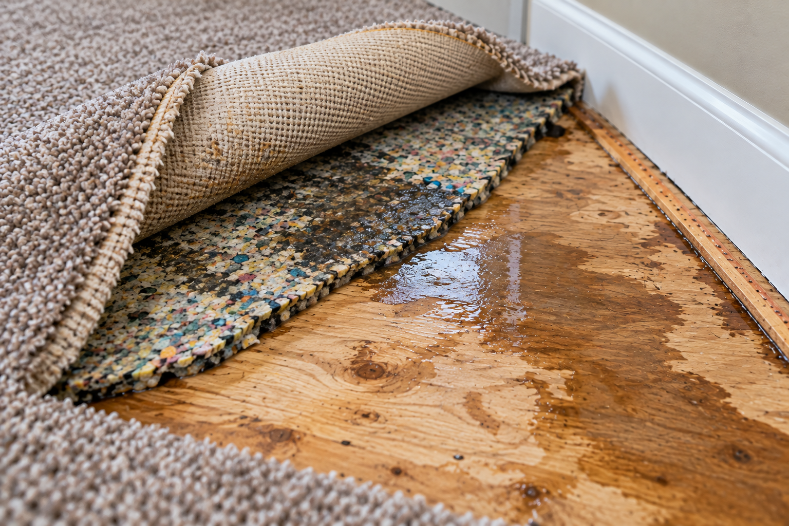 Beige carpet pulled back to reveal wet carpet padding and a water-soaked plywood subfloor along the baseboard after a leak.