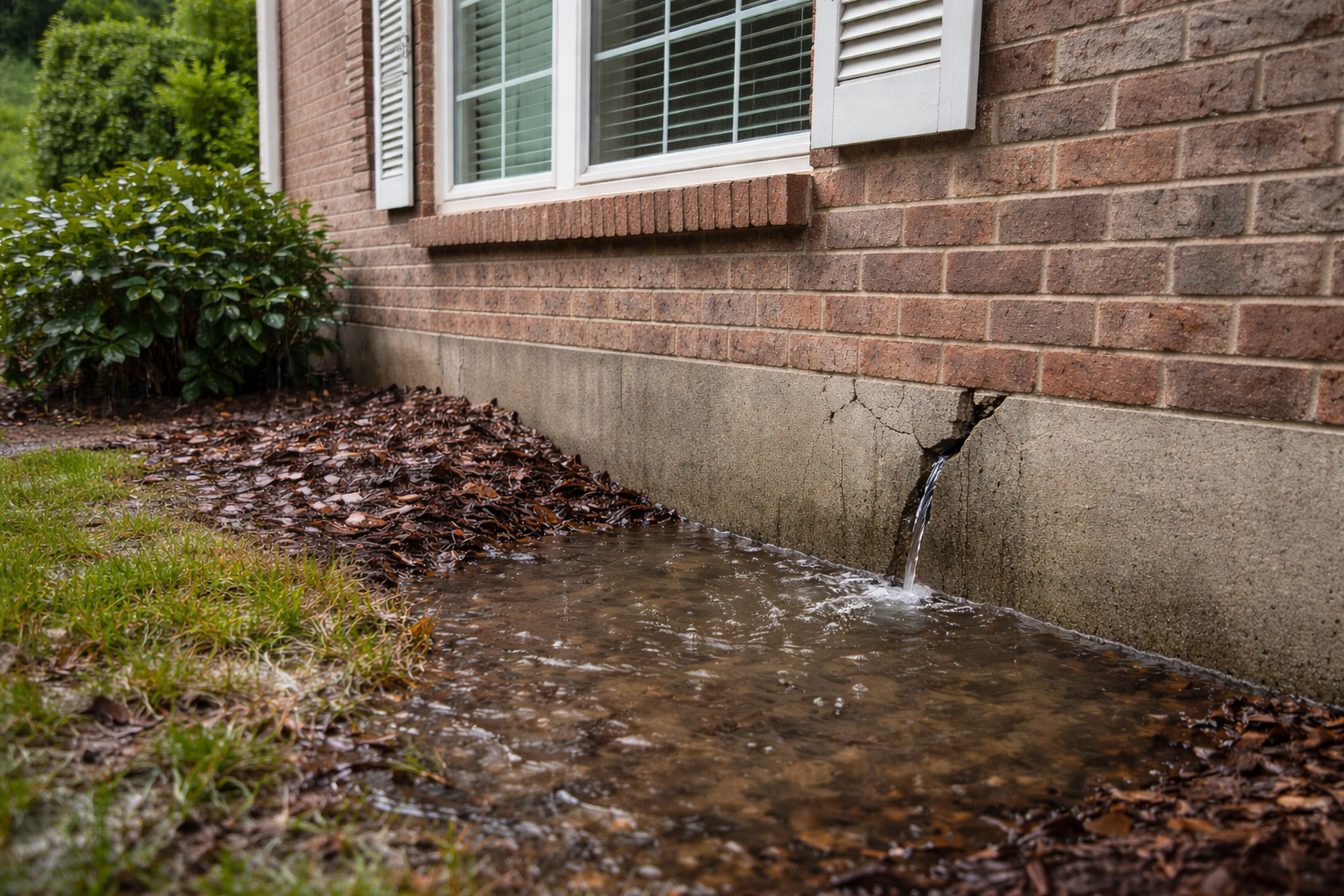 Exterior of a Marietta, Georgia brick home with rainwater pooling at ground level and seeping into a visible foundation crack, showing early signs of water intrusion.