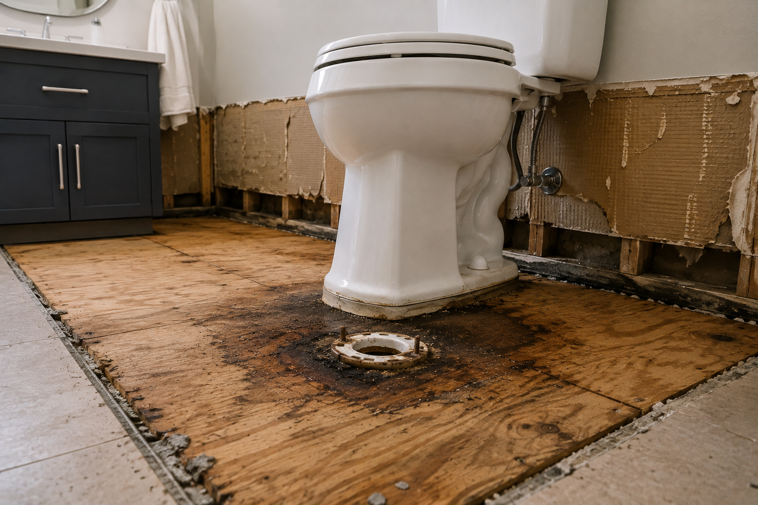 Exposed water-damaged subfloor and wall framing around a bathroom toilet after flooring and lower drywall have been removed.