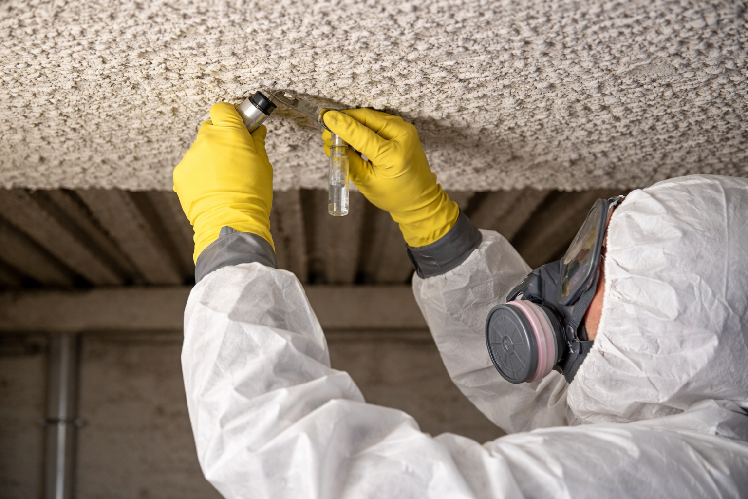 Technician in full protective suit and respirator collecting a sample from a textured ceiling for asbestos testing in a residential property.