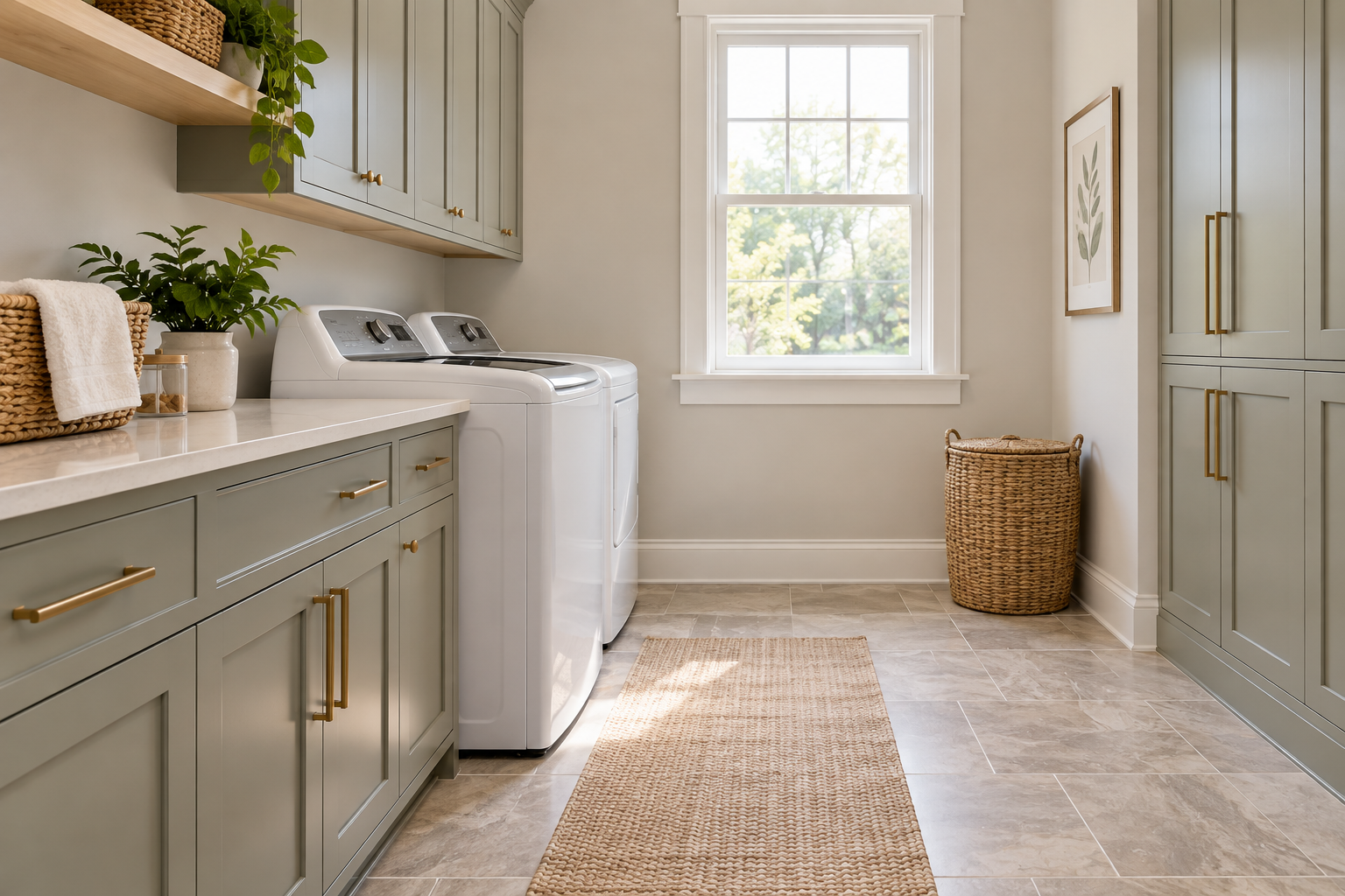 Bright laundry room with painted drywall walls, built-in gray cabinets, top-load washer and dryer, beige tile flooring, and a large window.