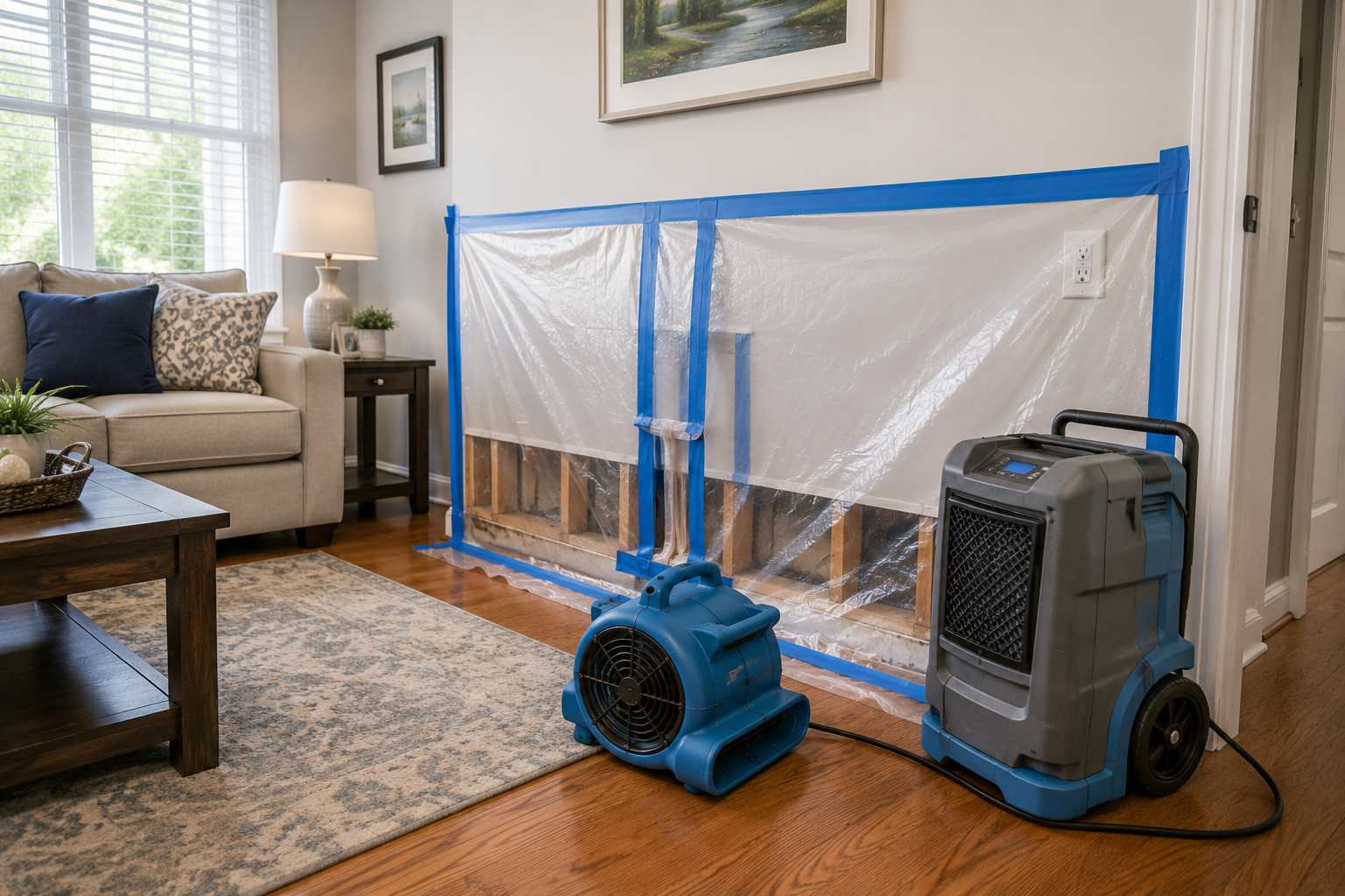 Clear plastic sheeting secured with blue tape over an opened living room wall while an air mover and dehumidifier dry the water-damaged area.
