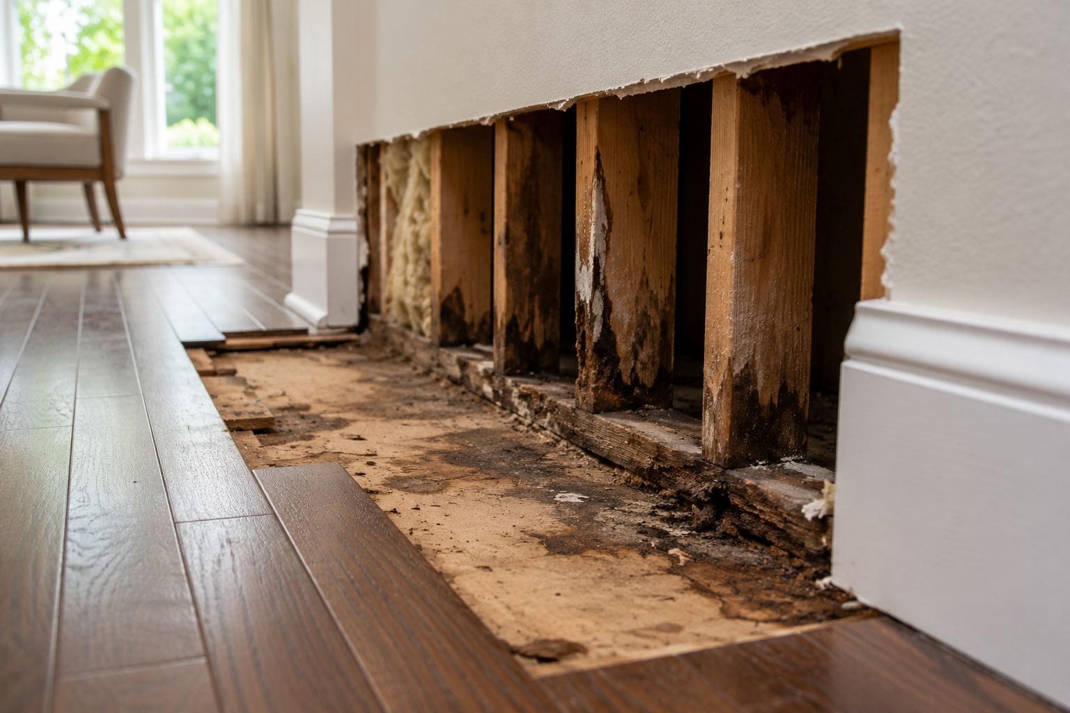 Exposed wood framing and subfloor with hidden water damage and moisture deterioration after hardwood flooring was removed during a home restoration project.