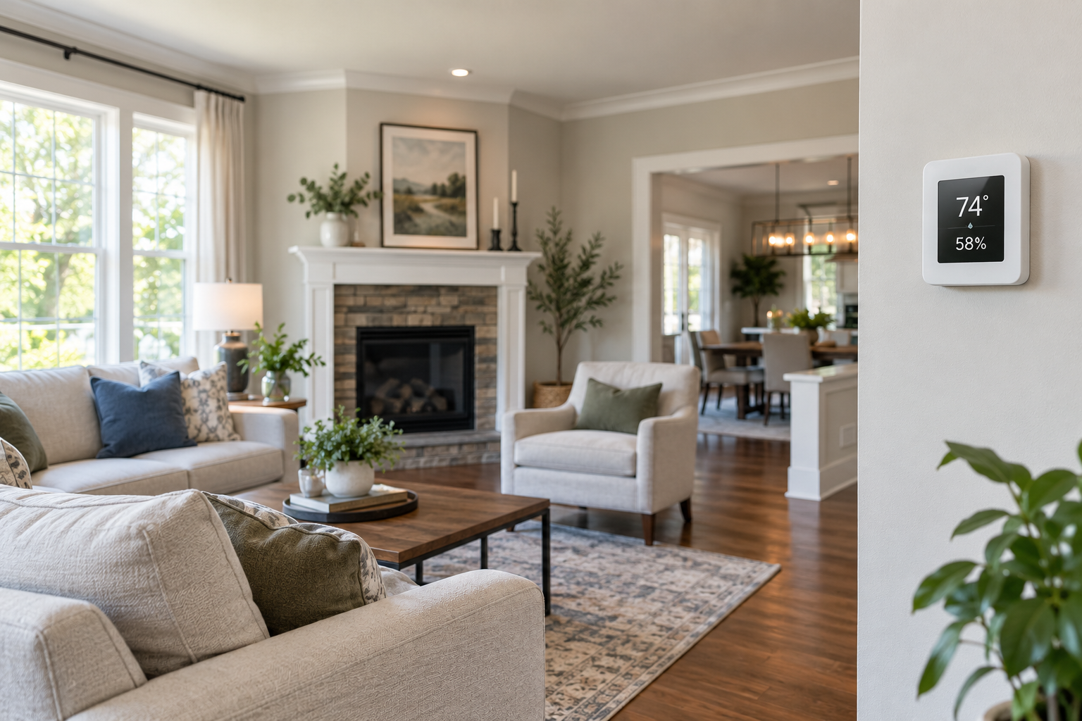 Bright, well-maintained living room with natural light, neutral furnishings, hardwood floors, and a wall-mounted thermostat displaying the indoor temperature and humidity level.