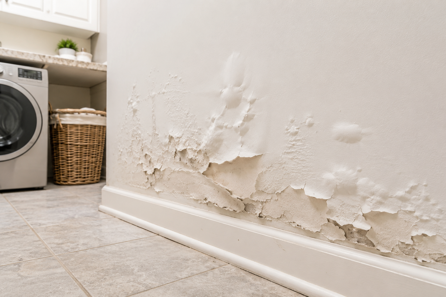 Close-up of peeling and bubbling Swiss Coffee-colored wall paint in a residential laundry room, showing signs of hidden moisture damage above a tile floor.