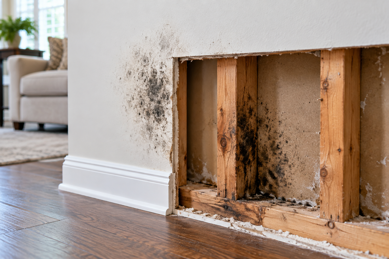 Section of drywall removed from a living room wall, revealing wood framing with visible mold growth and moisture-related discoloration behind the wall. Mold spotting is also visible on the surrounding drywall near the exposed area.
