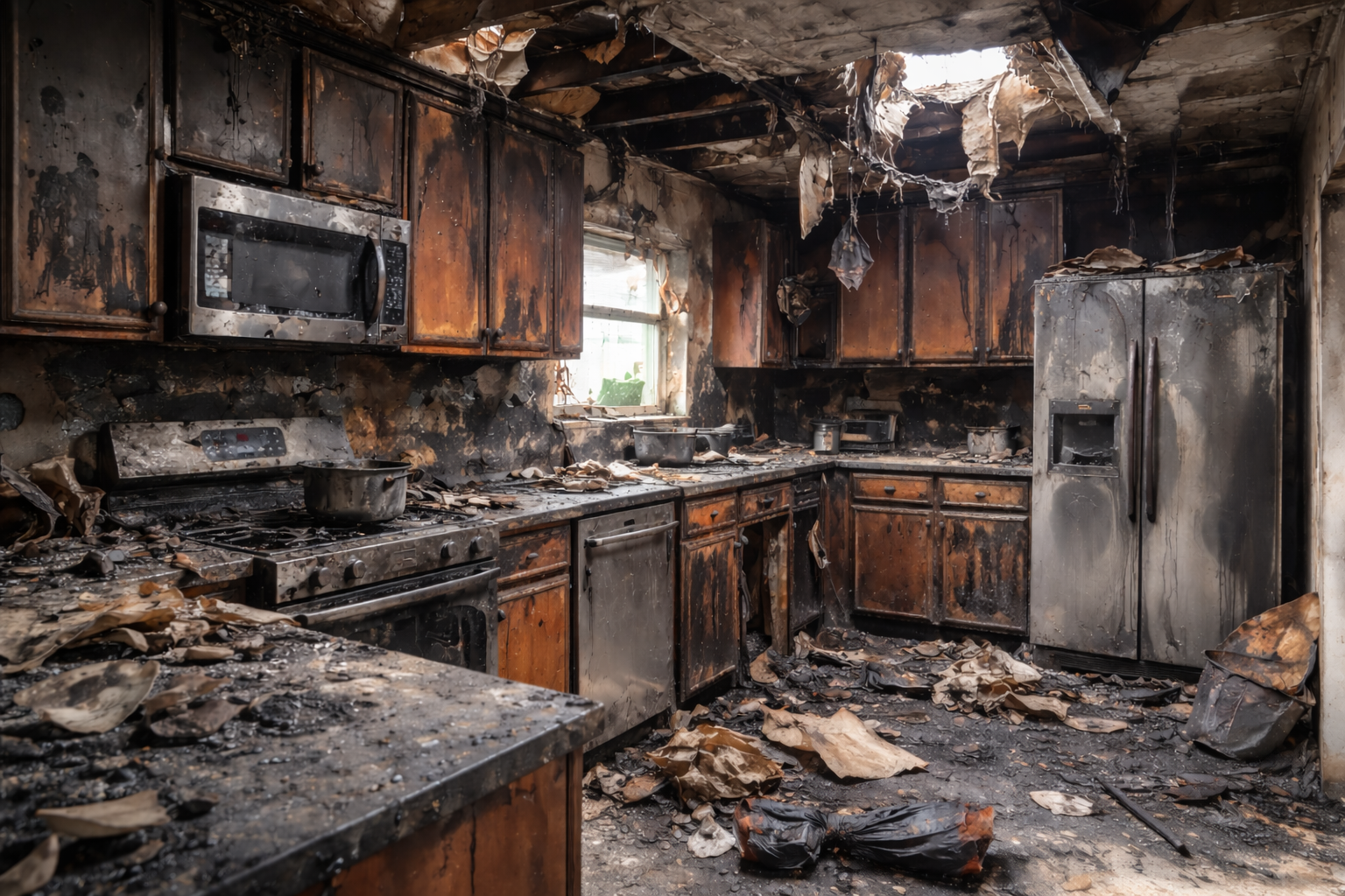 Fire-damaged residential kitchen with soot-covered cabinets, burned appliances, and debris showing the aftermath of a house fire.