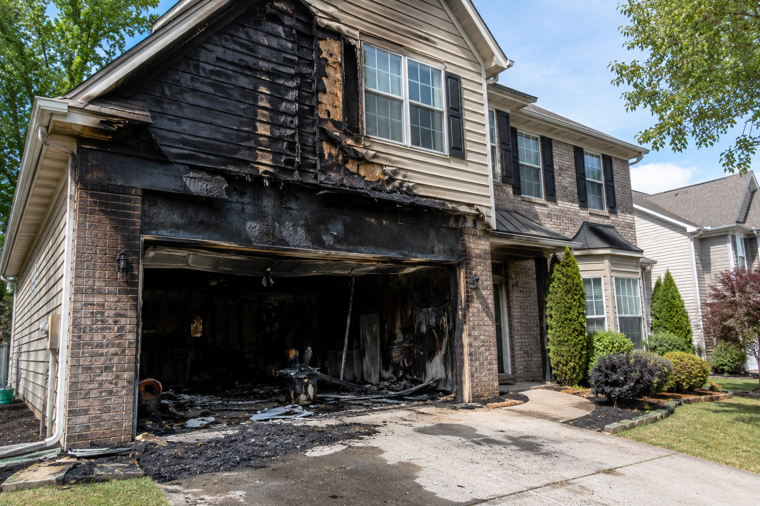 Two-story home with garage fire damage, showing blackened walls, burned interior, and debris inside the open garage during daylight.