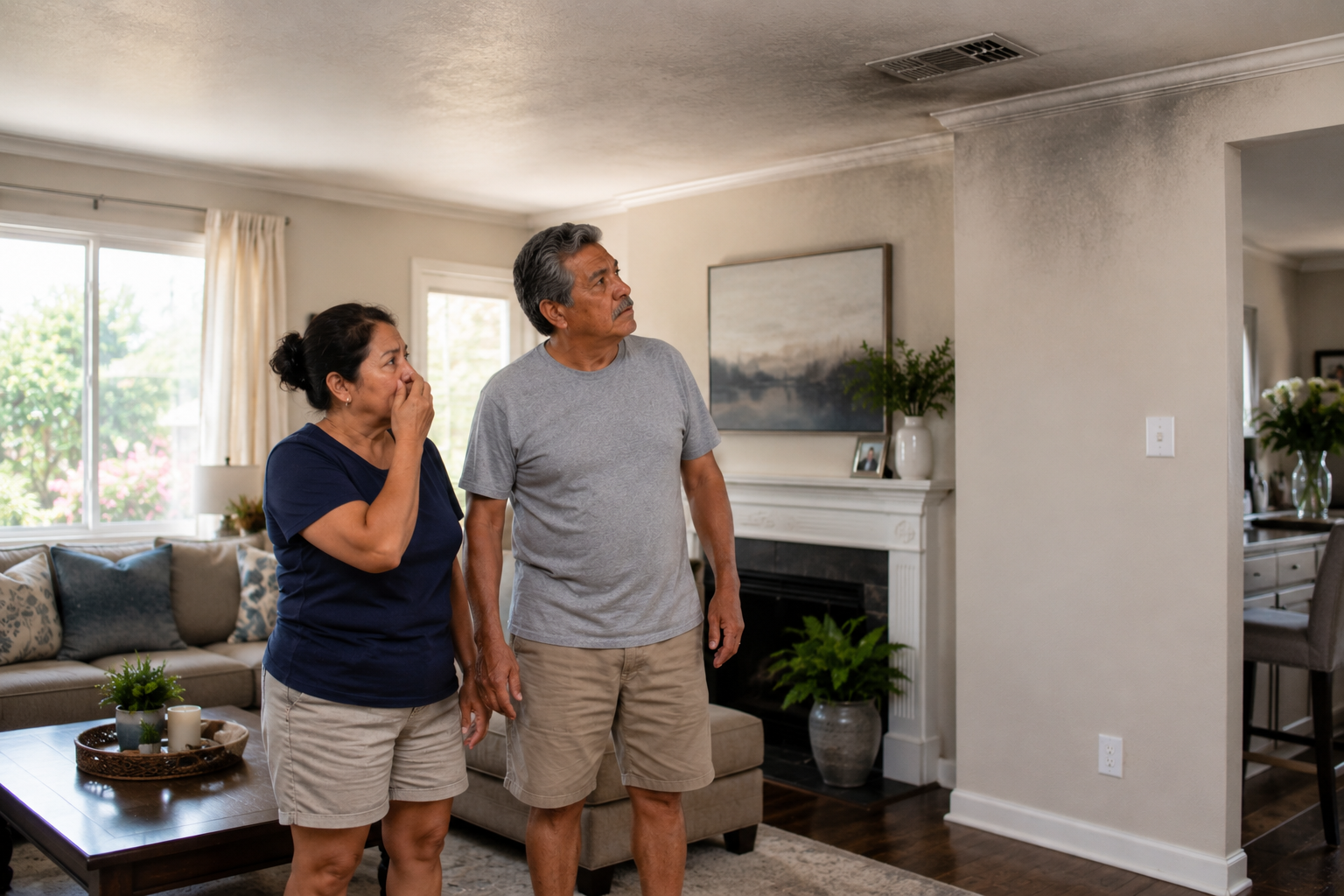 Couple standing in a living room looking at light soot staining and smoke residue near a ceiling vent after a house fire