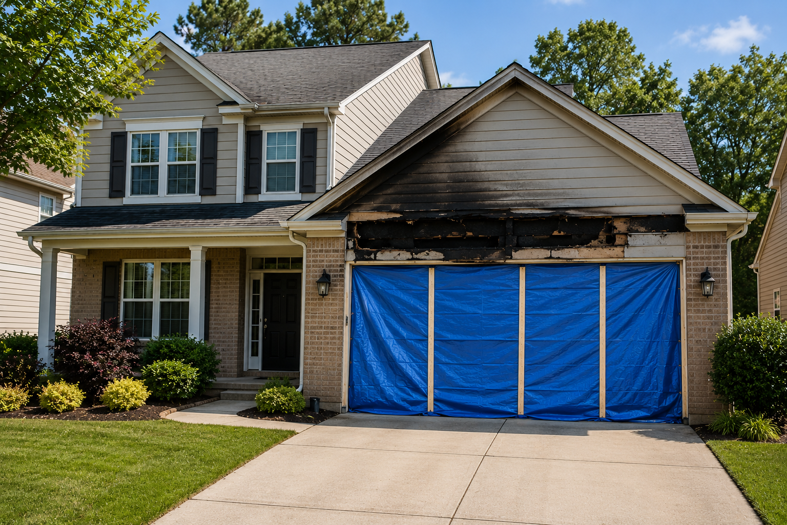 Exterior of a suburban home with fire damage concentrated around the garage, showing a blue tarp covering the garage opening and visible repair work during daylight.