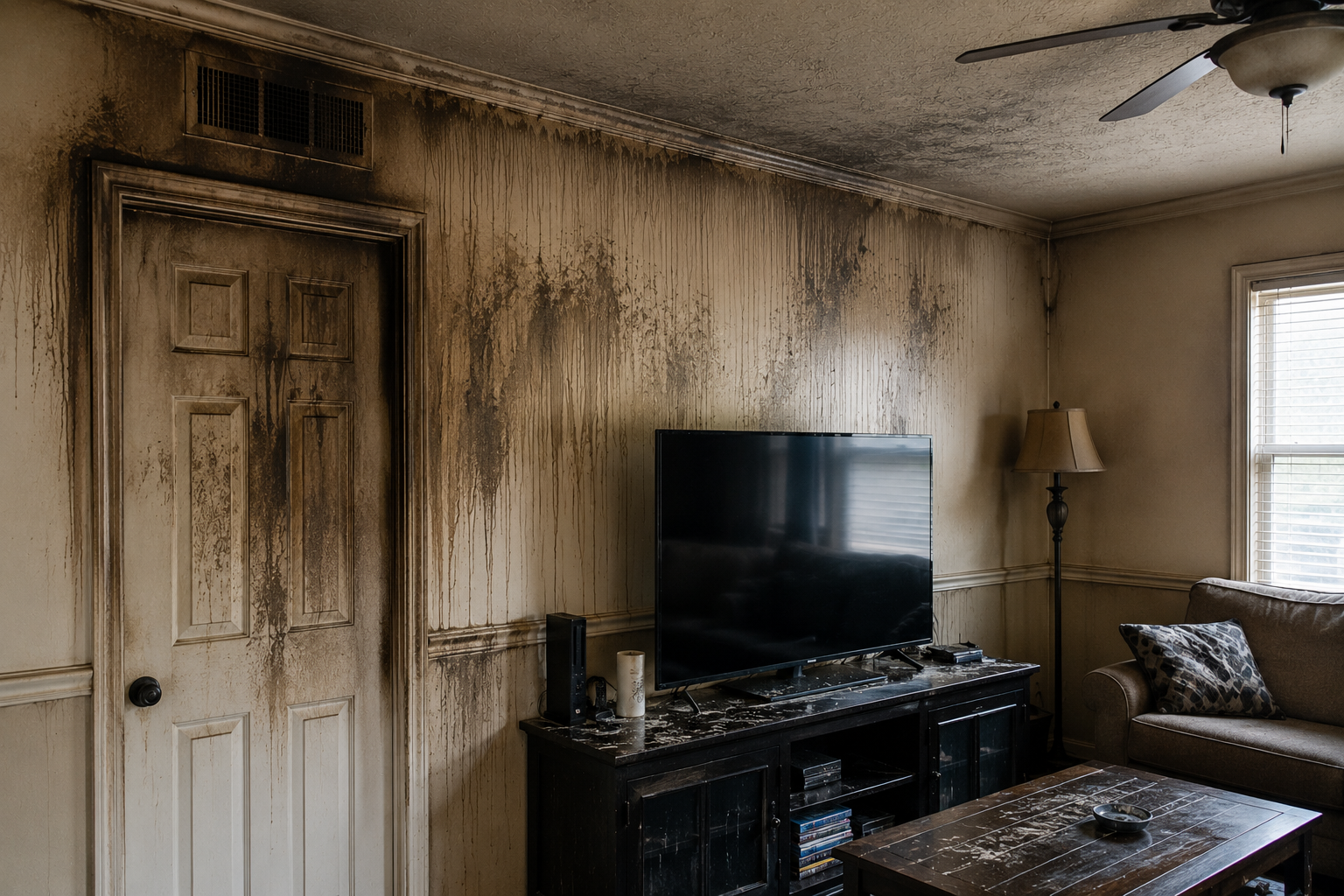 Living room with smoke and soot damage on walls, ceiling, and vents after a house fire, showing heavy residue buildup throughout the space.