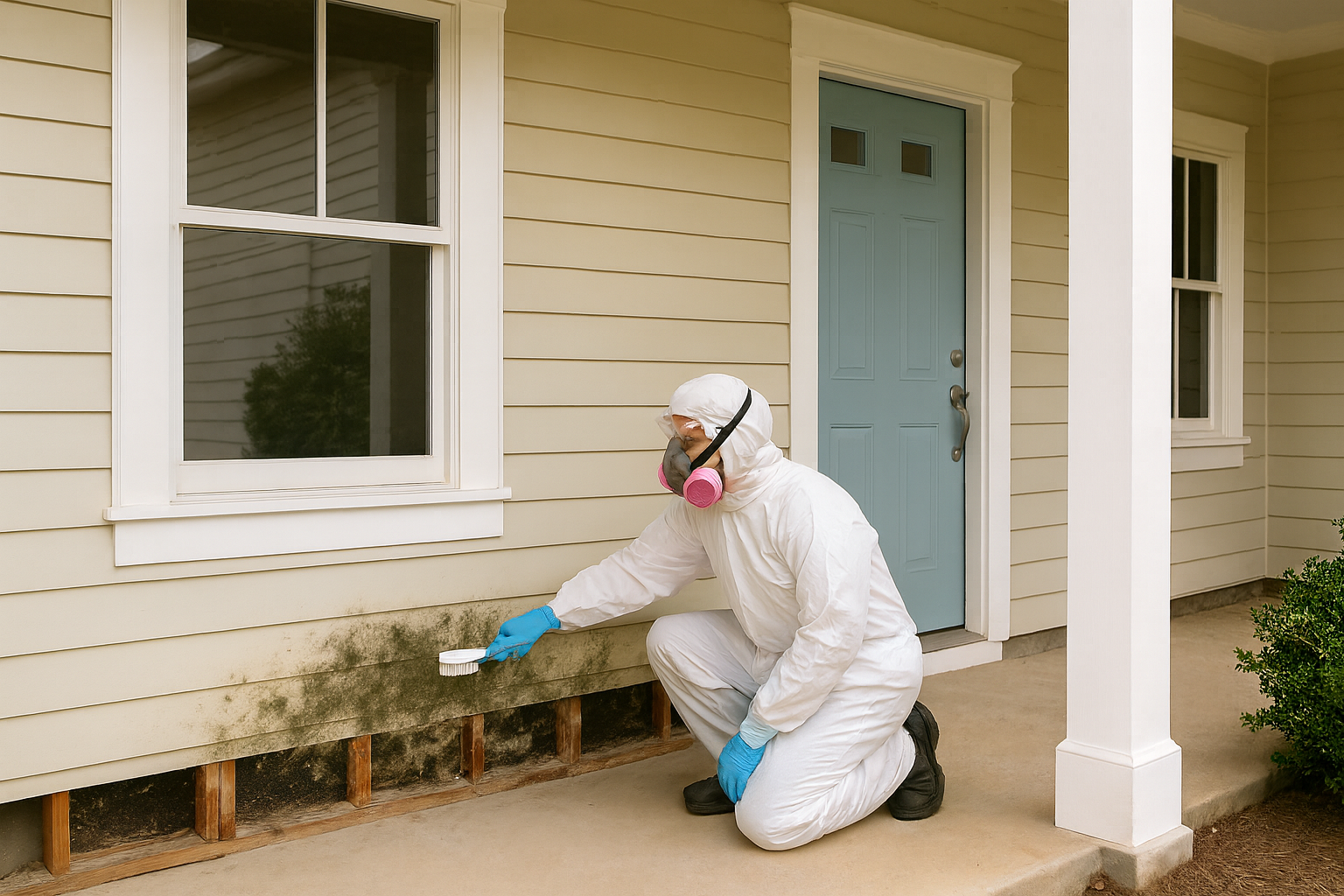 A mold remediation technician in full white protective coveralls, gloves, respirator mask, and goggles scrubs visible mold growth from the lower exterior siding of a coastal-style Georgia home. The technician works kneeling on the porch in natural dayligh