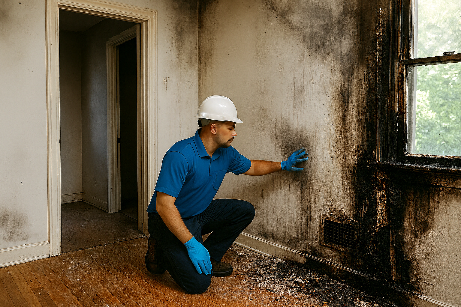 A fire damage restoration technician in a Georgia home kneels beside a heavily soot-stained wall while inspecting the damage. Wearing a white hard hat, blue gloves, and a blue polo shirt, he examines blackened streaks and charring around a window and HVAC