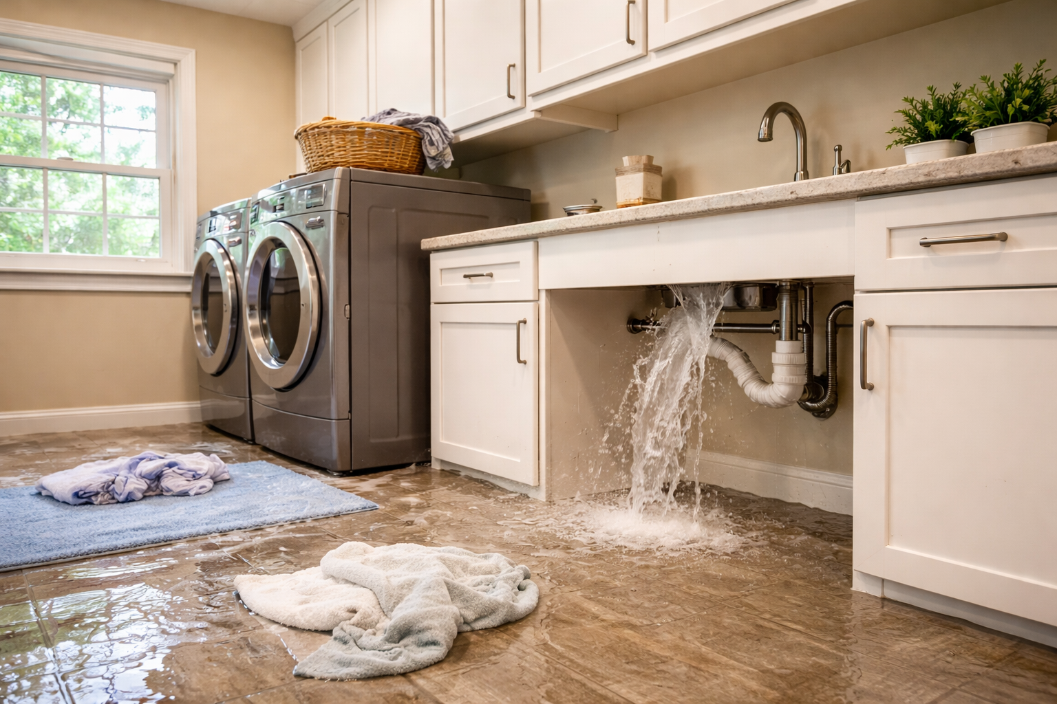 Flooded laundry room in a Northwest Georgia home showing a burst pipe under a utility sink releasing water across the floor, with soaked towels, a washer and dryer nearby, and standing water reflecting the cabinetry and window light.