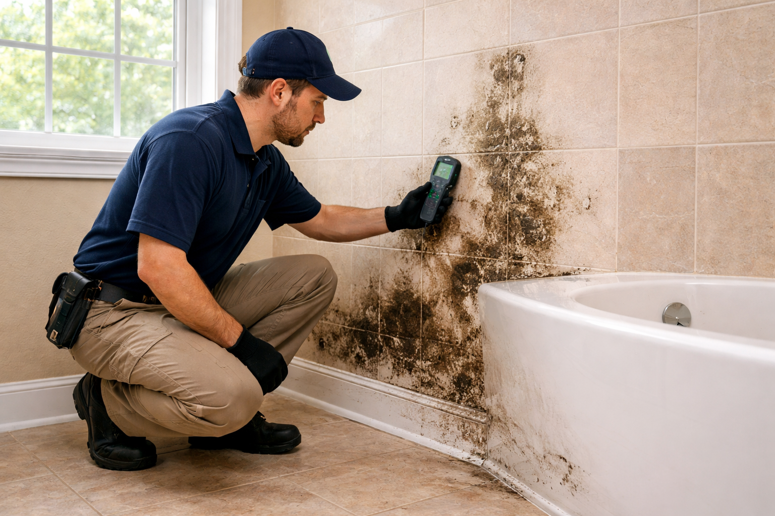 Technician inspecting mold growth on a bathroom wall in a Georgia home using a moisture meter, documenting the extent of contamination for certified remediation.