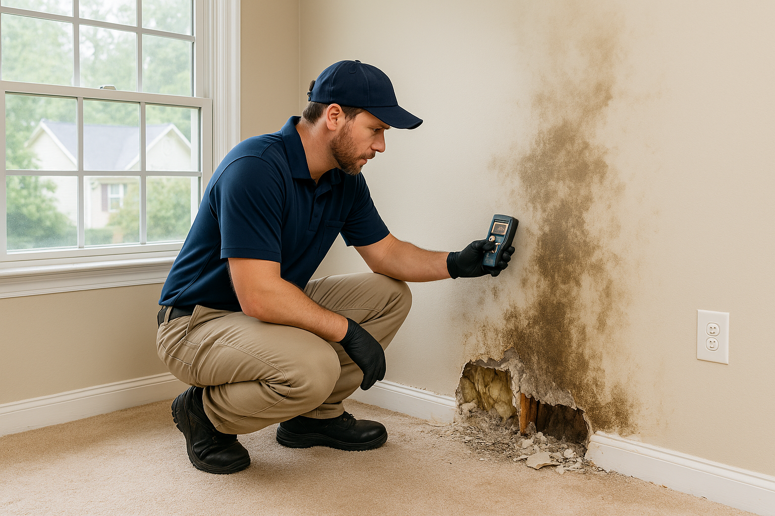 A water damage restoration technician in a Georgia home inspects extensive water damage on an interior wall. Wearing beige cargo pants, a navy polo shirt, gloves, and a cap, he crouches near a wall soaked with brown water stains and structural deteriorati