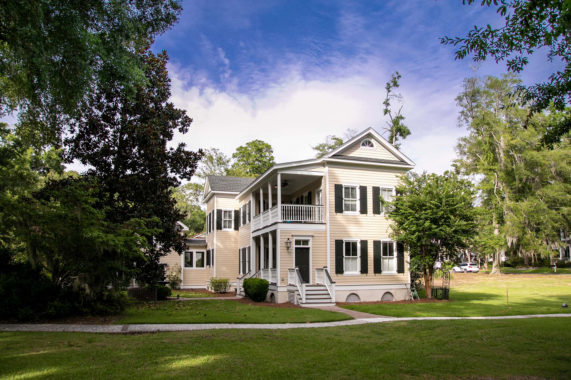 Outside of home with green lawn